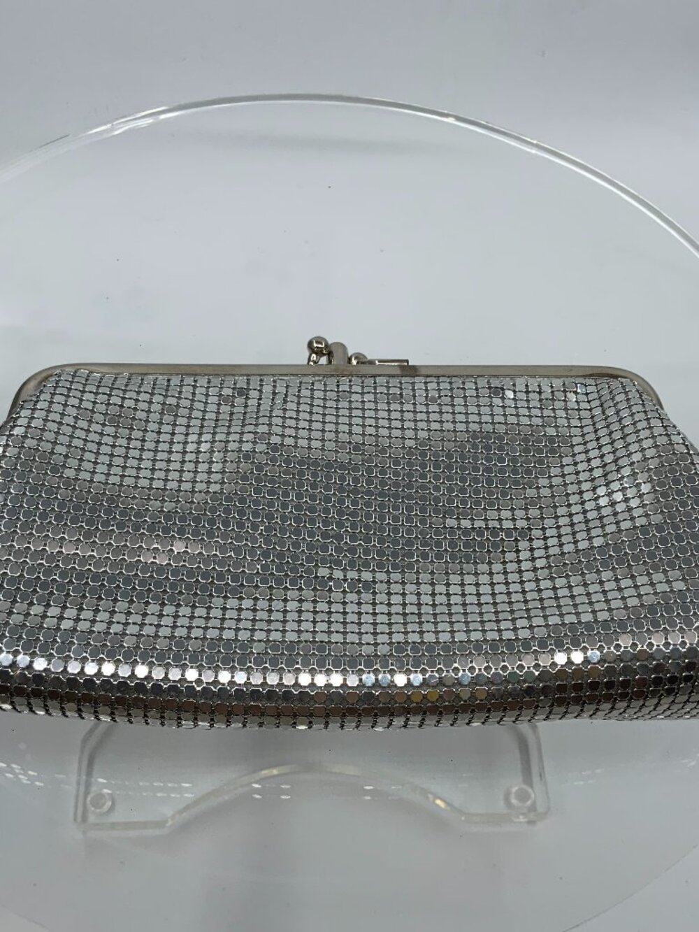 Vintage Silver Mesh Two Compartment Kiss Lock Evening Clutch